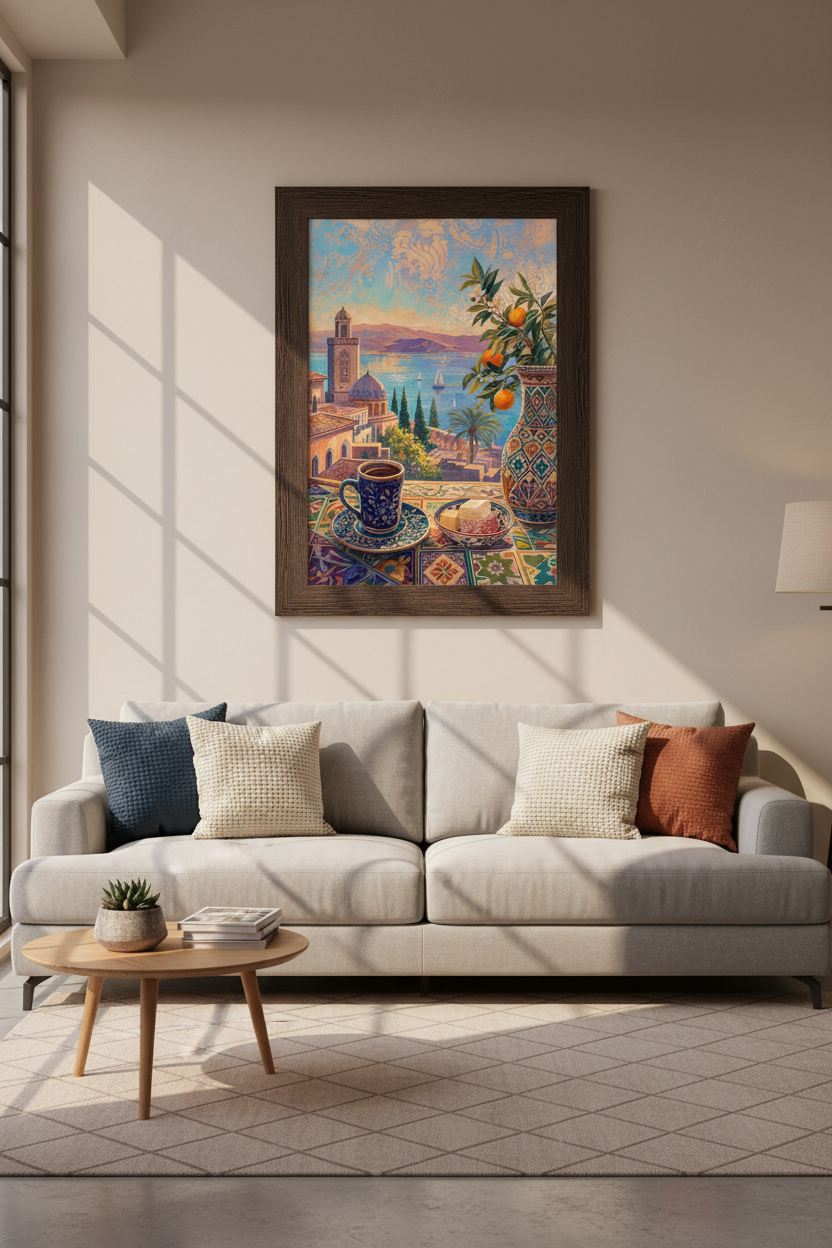 Mediterranean Coffee View | Impressionist Blue Orange Coastal Art, Kitchen Decor Poster