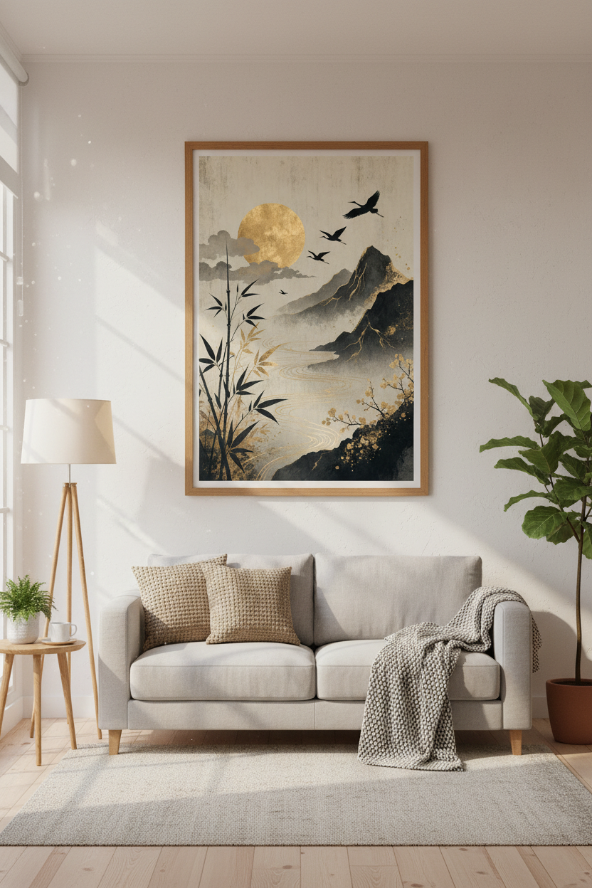Japanese Crane Landscape Art | Gold Ink Mountain Poster, Zen Living Room Decor