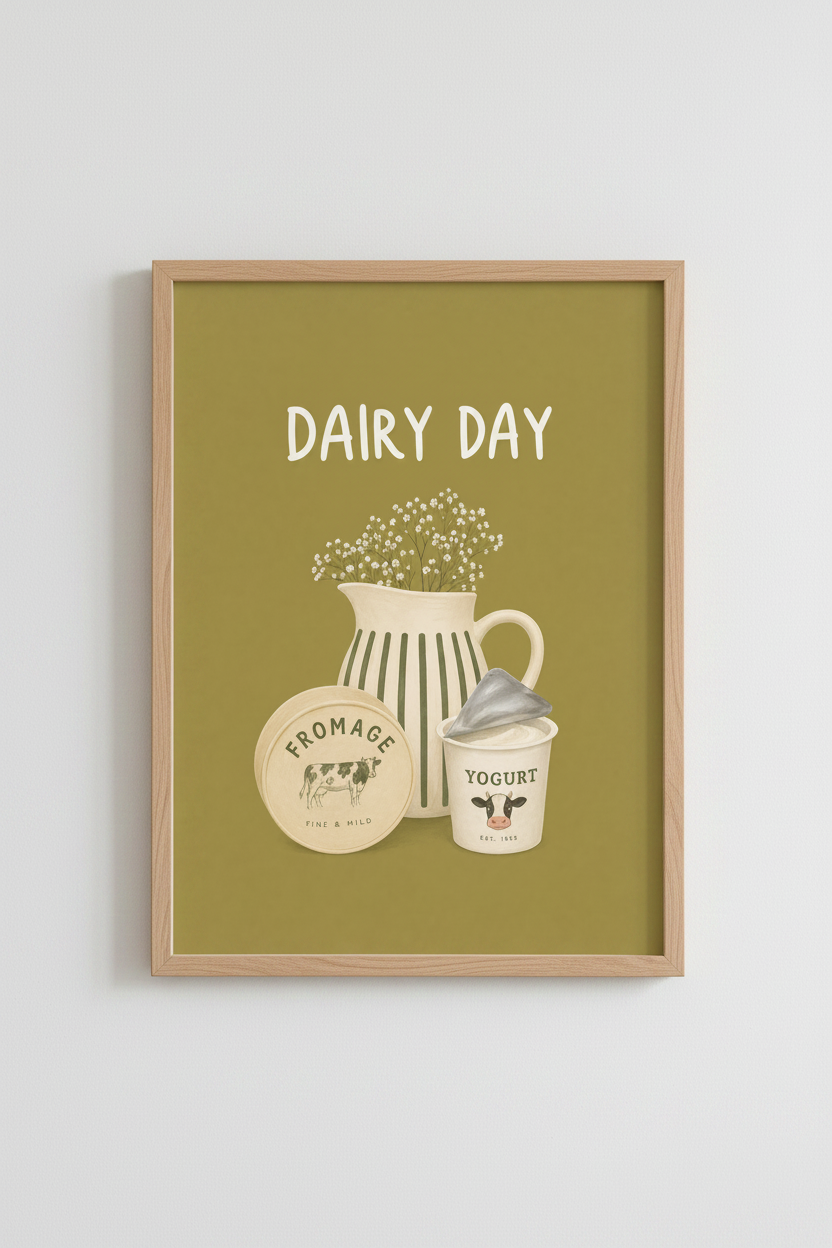 Dairy Day Kitchen Wall Art | French Country Food Poster | Rustic Sage Green Decor