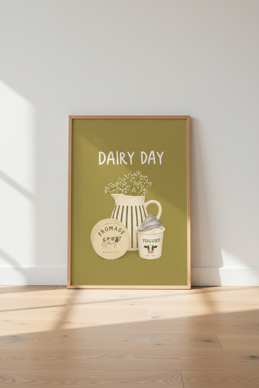 Dairy Day Kitchen Wall Art | French Country Food Poster | Rustic Sage Green Decor