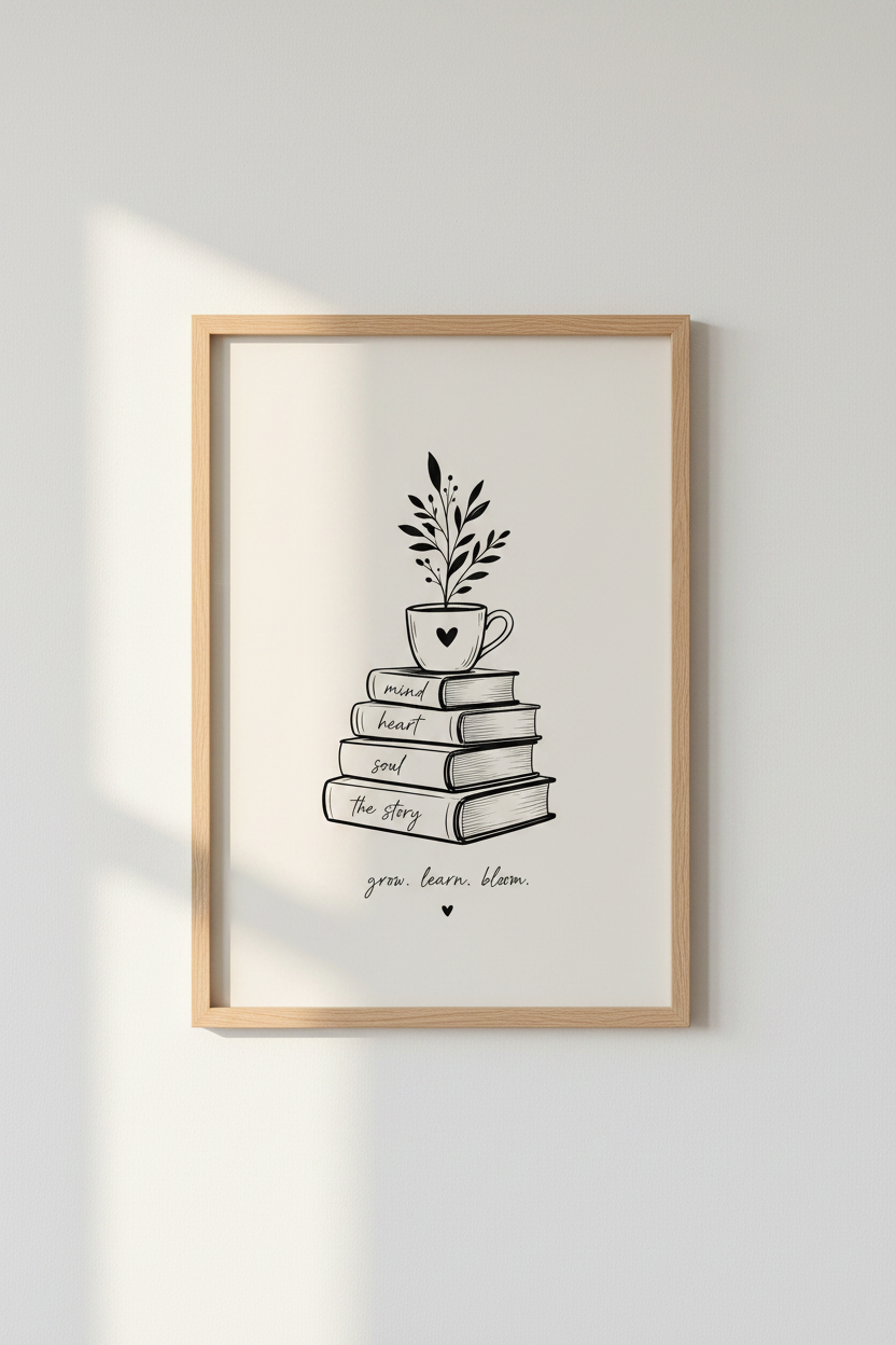 Book Lover Wall Art | Minimalist Botanical Stack Poster | Reading Nook Decor