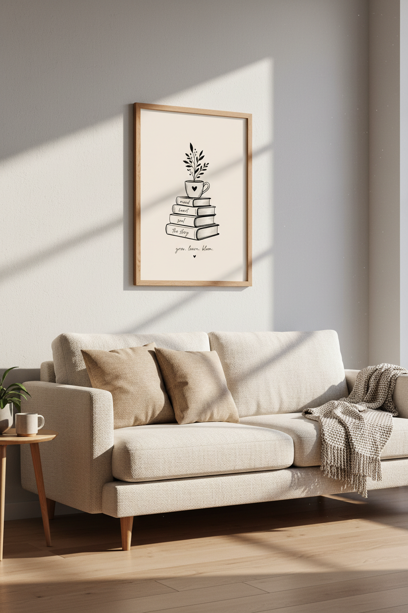 Book Lover Wall Art | Minimalist Botanical Stack Poster | Reading Nook Decor