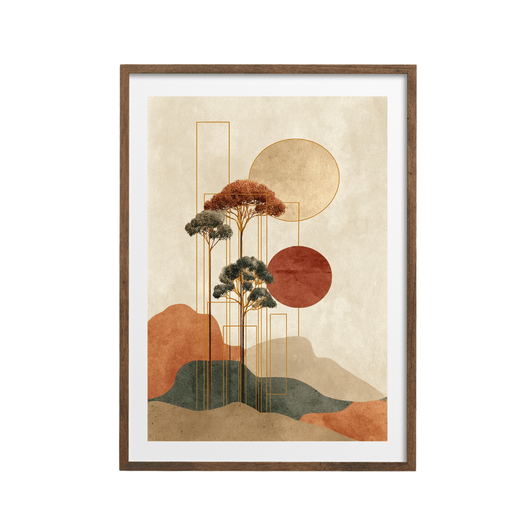 Minimalist Japanese Wall Art - Tranquil Abstract Landscape with Gold Accents