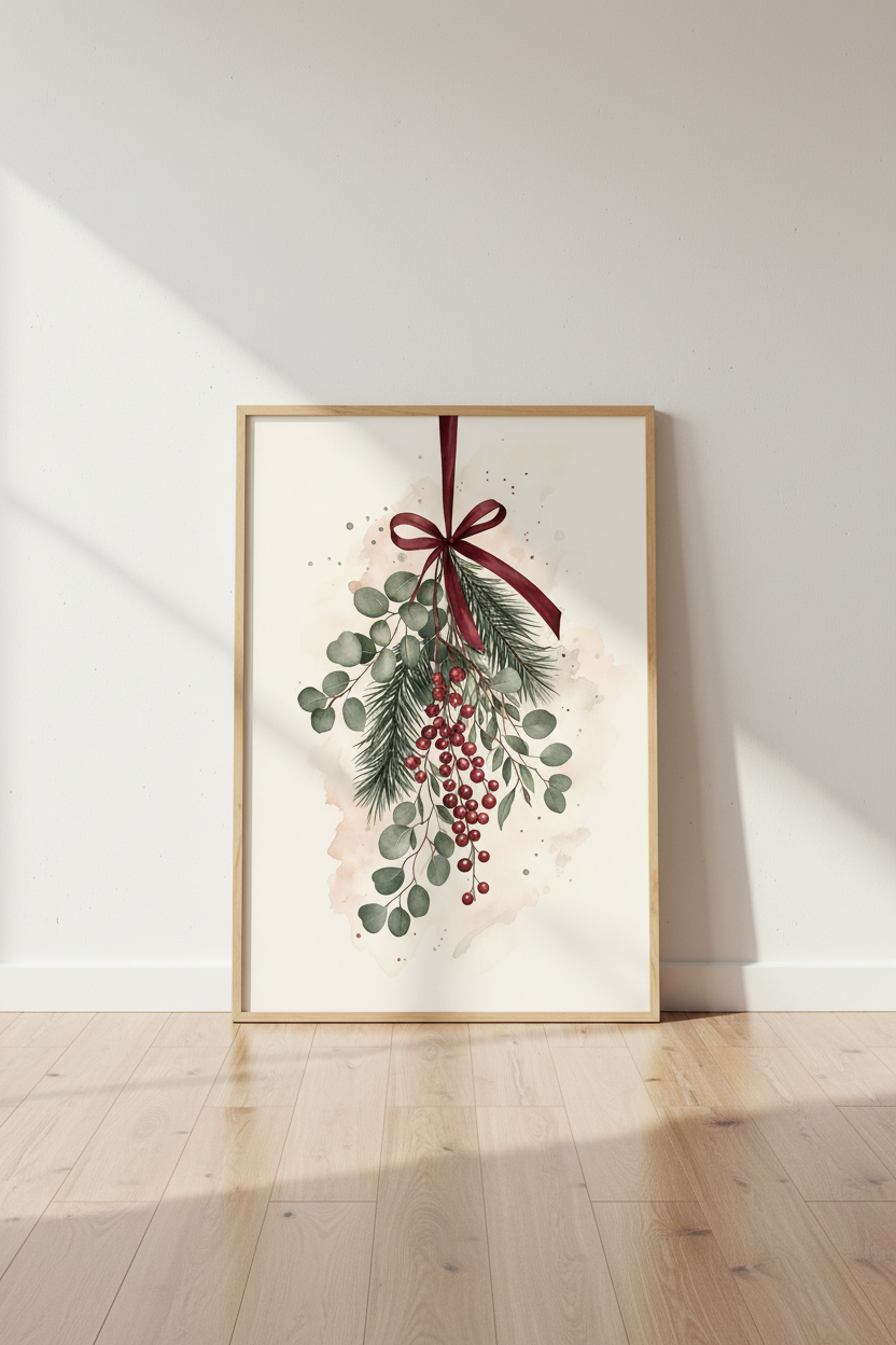 Watercolor Christmas Berry Wall Art | Winter Greenery Decor | Festive Botanical Poster
