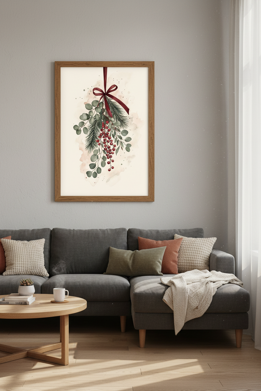 Watercolor Christmas Berry Wall Art | Winter Greenery Decor | Festive Botanical Poster