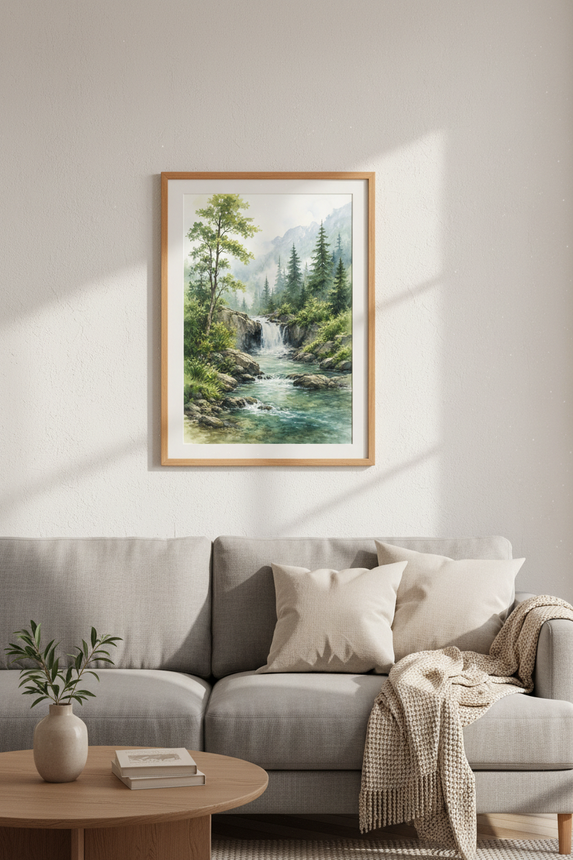 Mountain Waterfall Wall Art | Green Nature Watercolor, Forest Landscape Poster