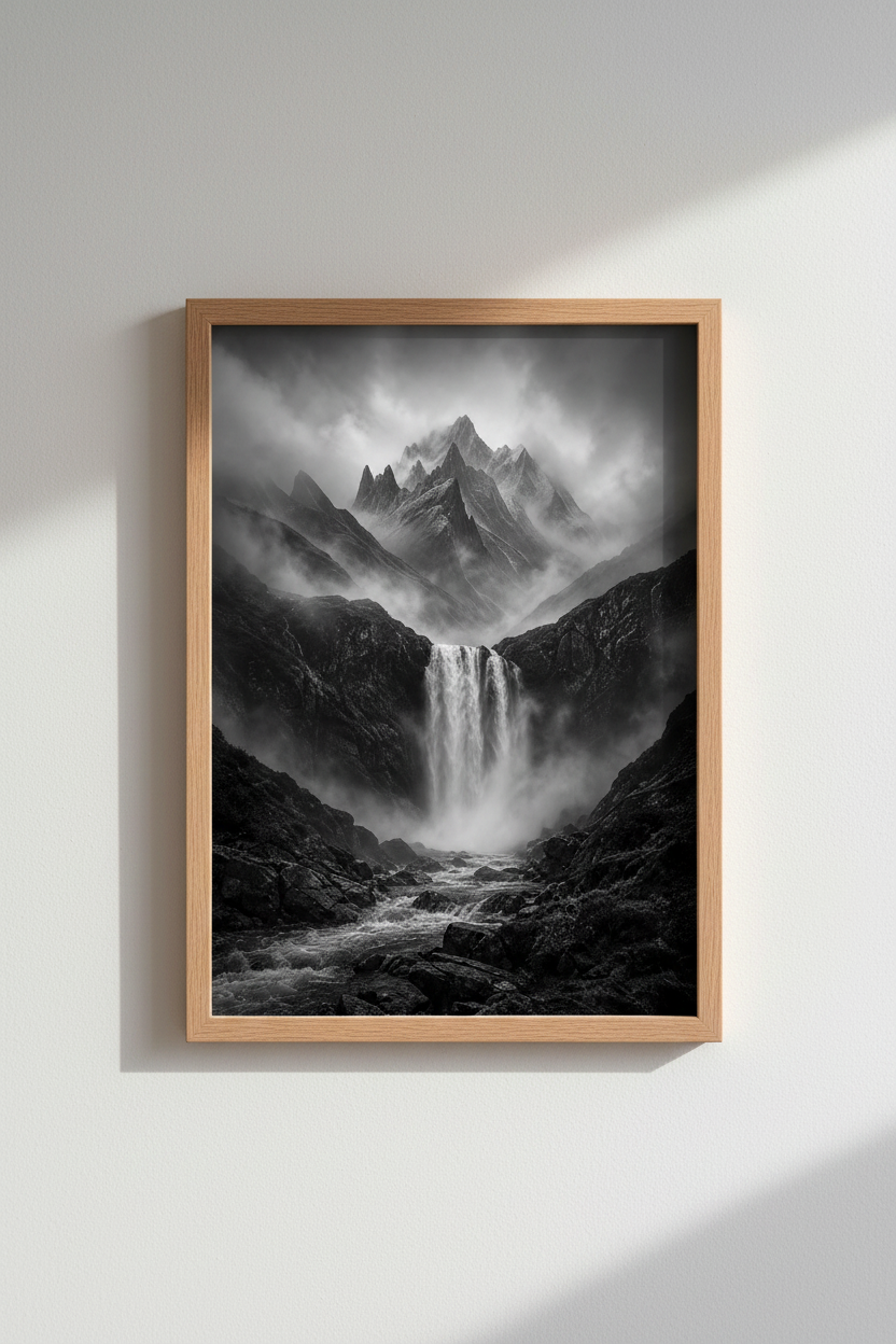Dark Mountain Wall Art | Moody Waterfall Poster, Monochromatic Nature Print