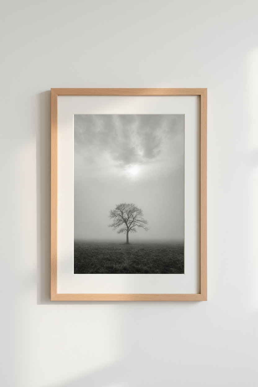 Misty Nature Wall Art | Minimalist Black and White Foggy Tree Poster, Zen Decor
