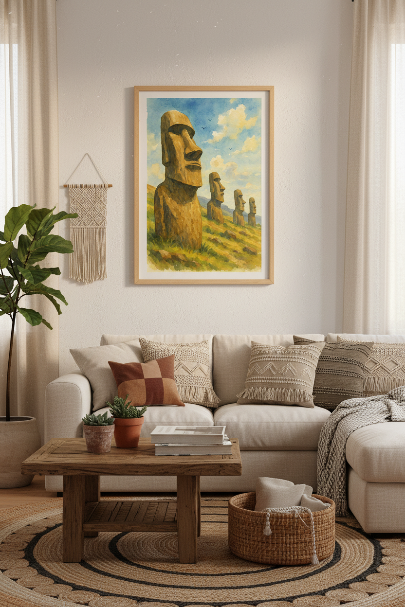 Moai Guardians: Easter Island Watercolor Art Print