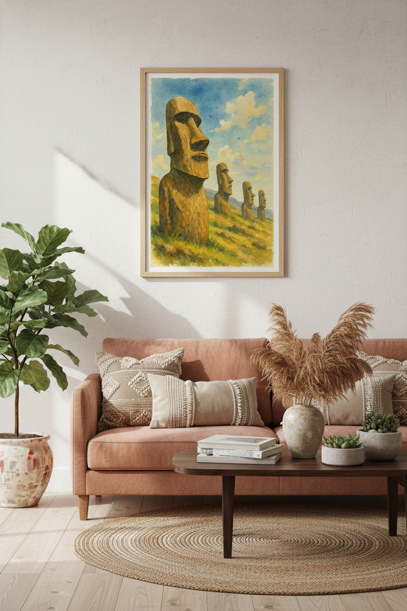 Moai Guardians: Easter Island Watercolor Art Print