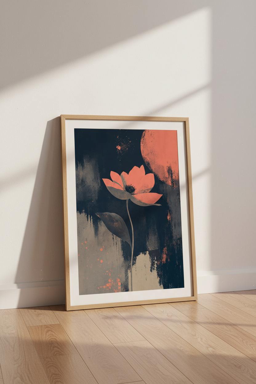 Abstract Floral Moon Wall Art | Navy & Coral Botanical Print, Modern Bedroom Decor