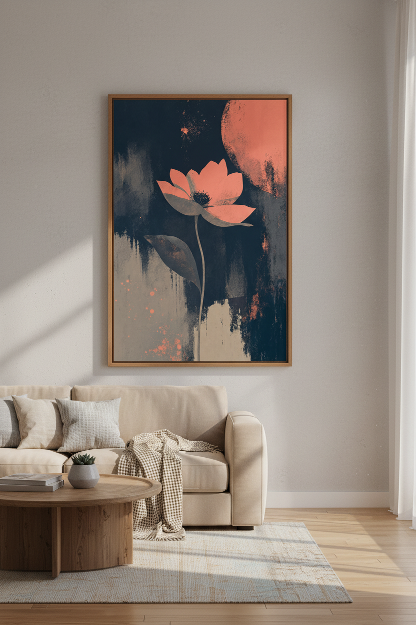 Abstract Floral Moon Wall Art | Navy & Coral Botanical Print, Modern Bedroom Decor