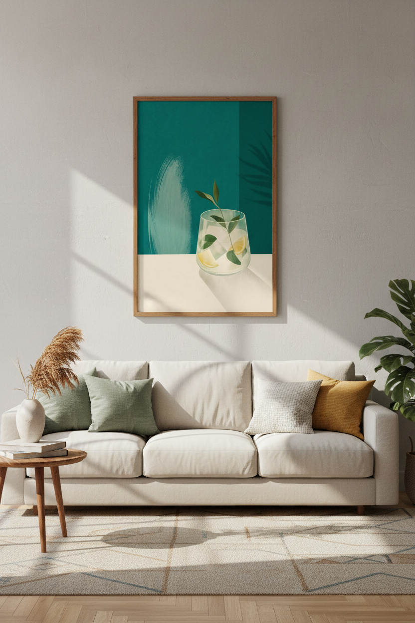 Minimalist Cocktail Wall Art | Teal Botanical Gin Drink Poster, Kitchen Bar Decor