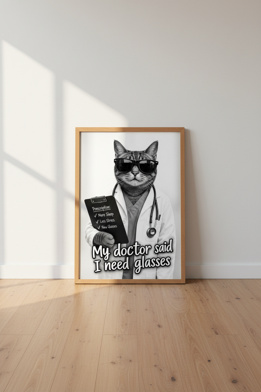 Funny Doctor Cat Wall Art Print | Medical Office Decor | Black and White Poster