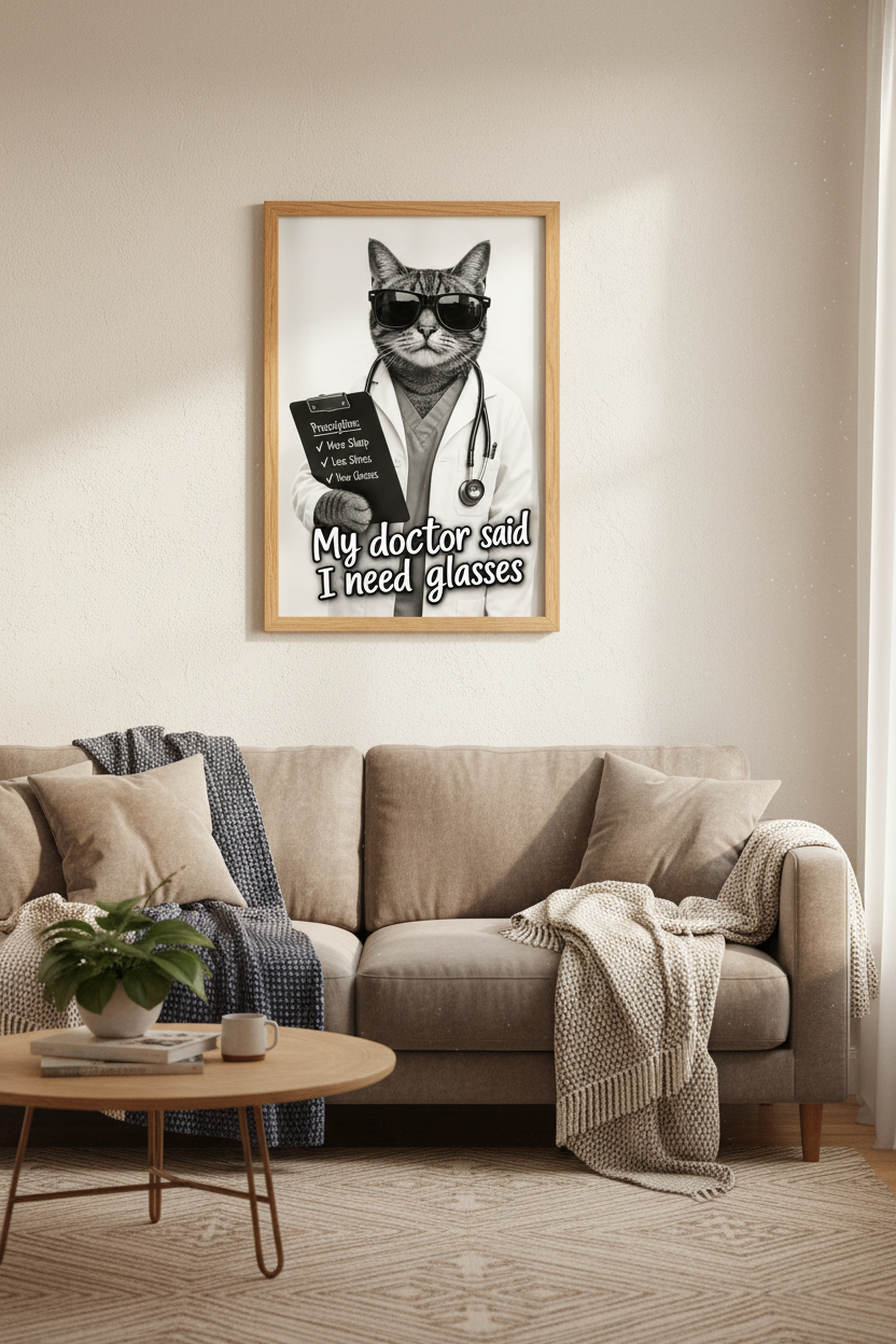 Funny Doctor Cat Wall Art Print | Medical Office Decor | Black and White Poster