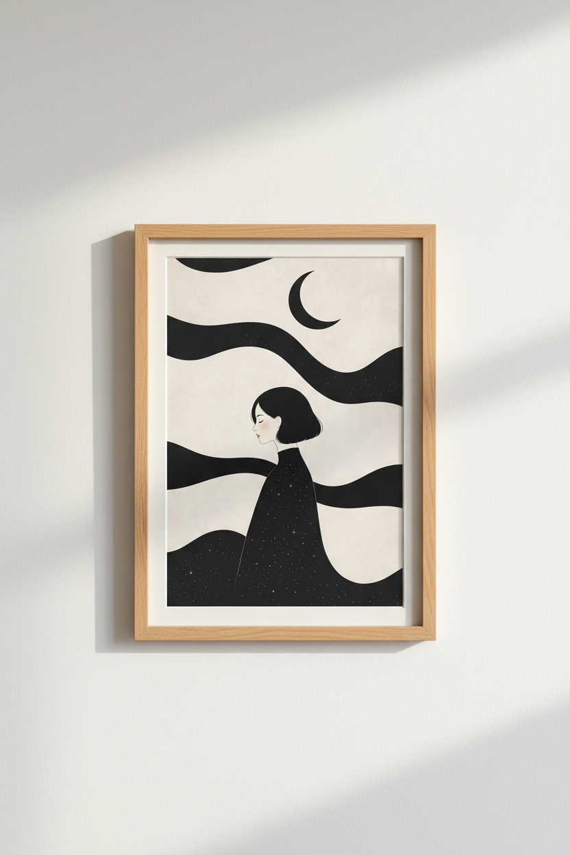 Minimalist Line Art | Monochrome Moonlit, Living Room Decor | Elegant Poster