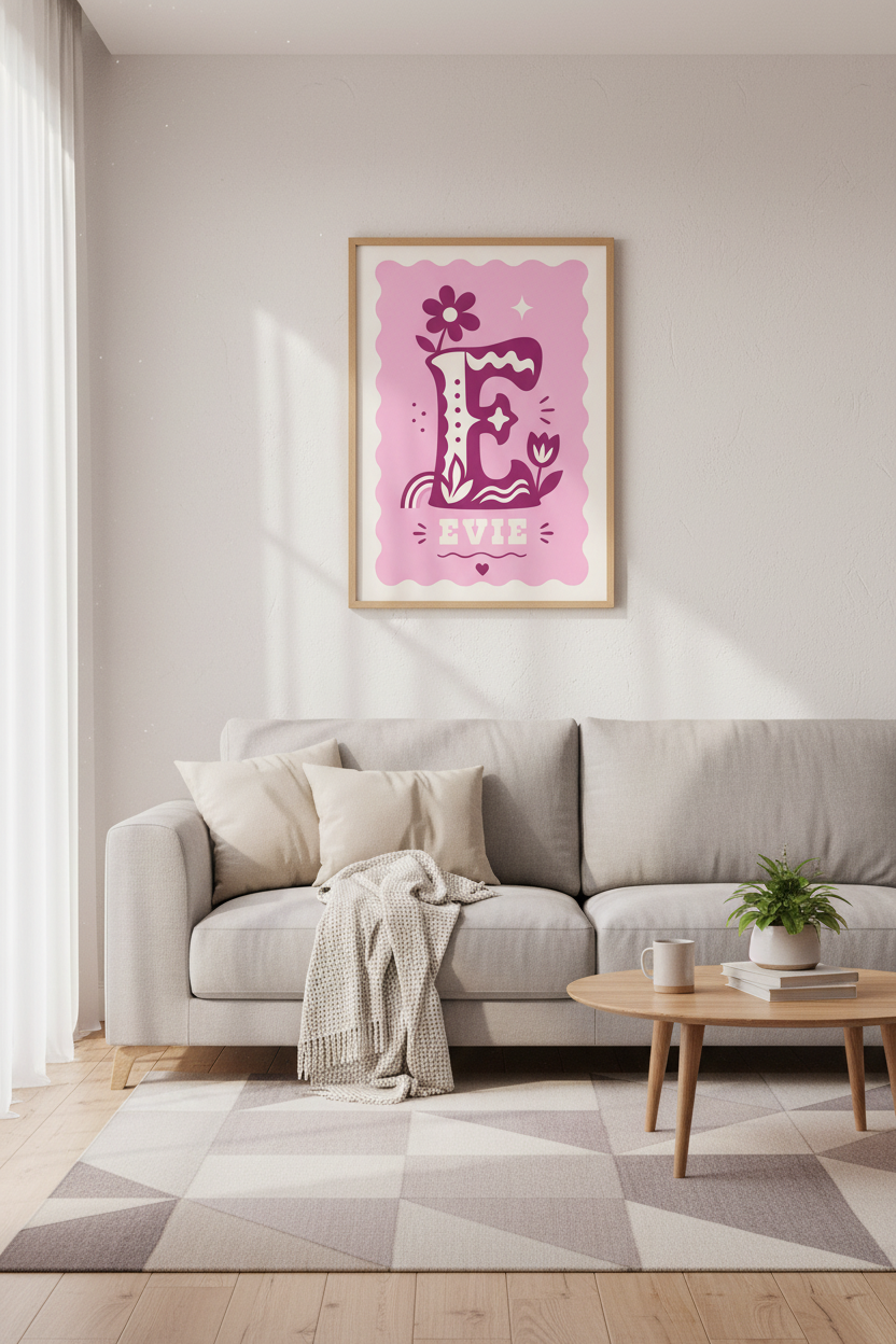 Letter E Evie Name Print | Pink Groovy Retro Wall Art, Nursery Decor