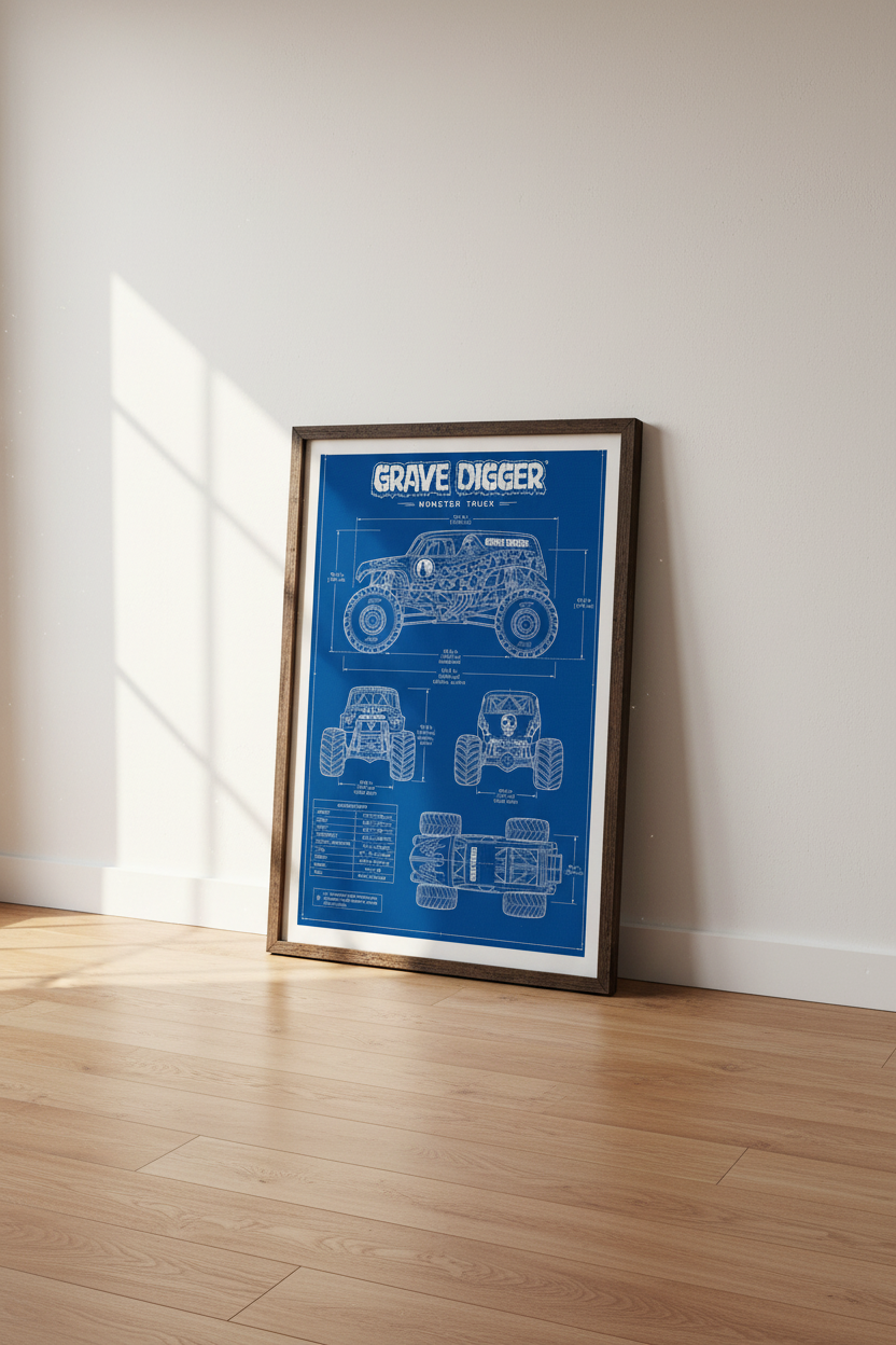 Grave Digger Monster Truck Blueprint Wall Art | Boys Room Decor | Technical Poster