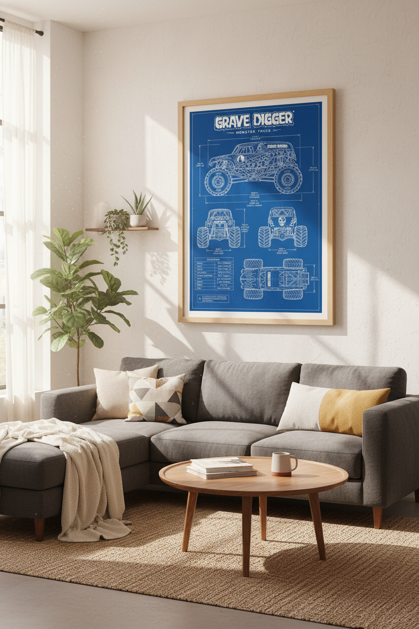 Grave Digger Monster Truck Blueprint Wall Art | Boys Room Decor | Technical Poster