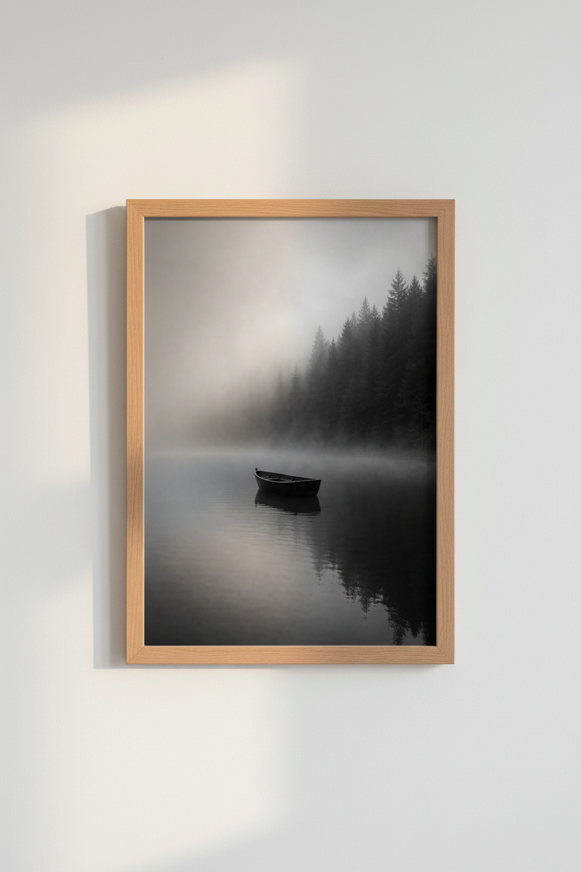 Moody Nature Wall Art Print | Black and White Lake Poster, Minimalist Foggy Forest Decor