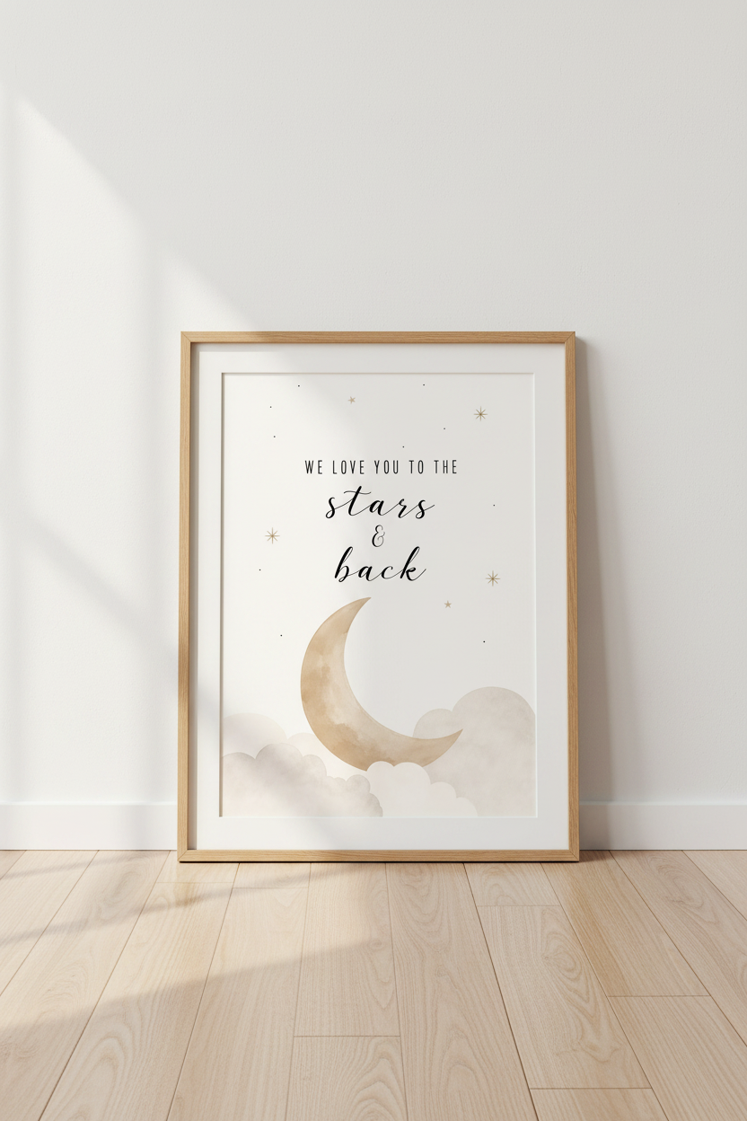 Moon and Stars Nursery Wall Art | Beige Celestial Decor | Neutral Kids Poster