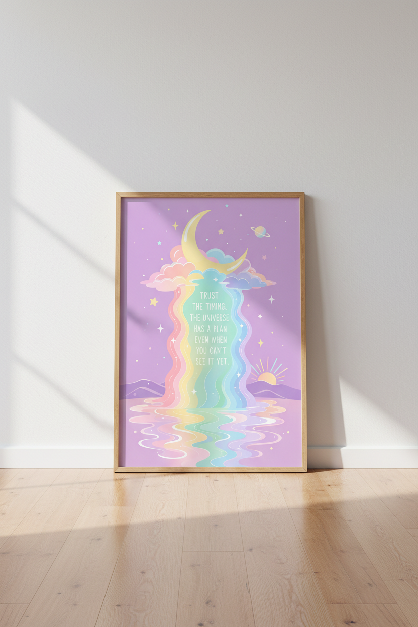 Pastel Celestial Wall Art Print | Rainbow Moon Poster, Zen Positive Quote Room Decor