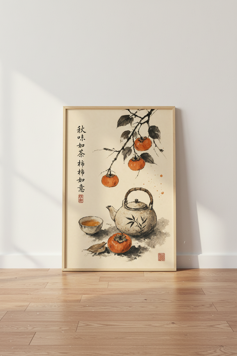 Japanese Persimmon & Tea Wall Art | Zen Kitchen Decor | Sumi-e Style Poster