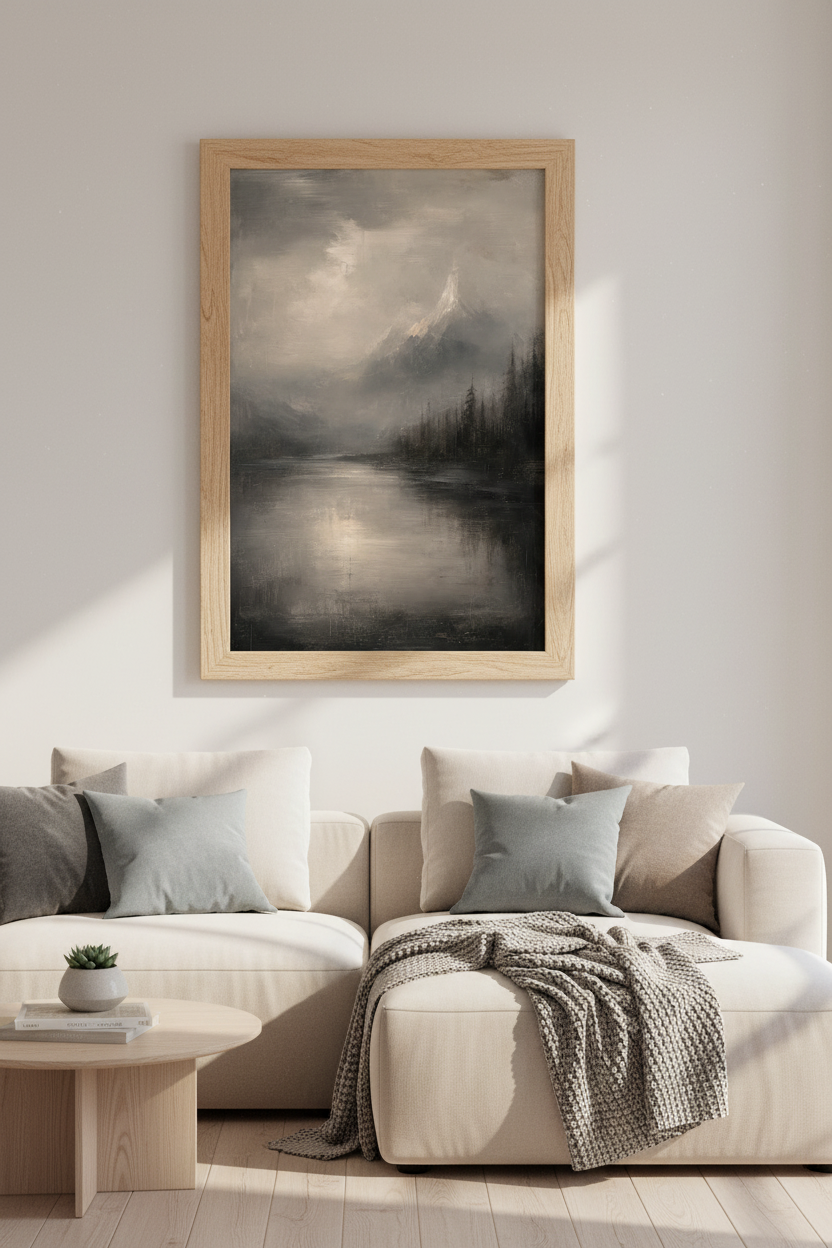 Moody Landscape Art Print | Moody Grey Mountain Lake, Living Room Decor Poster