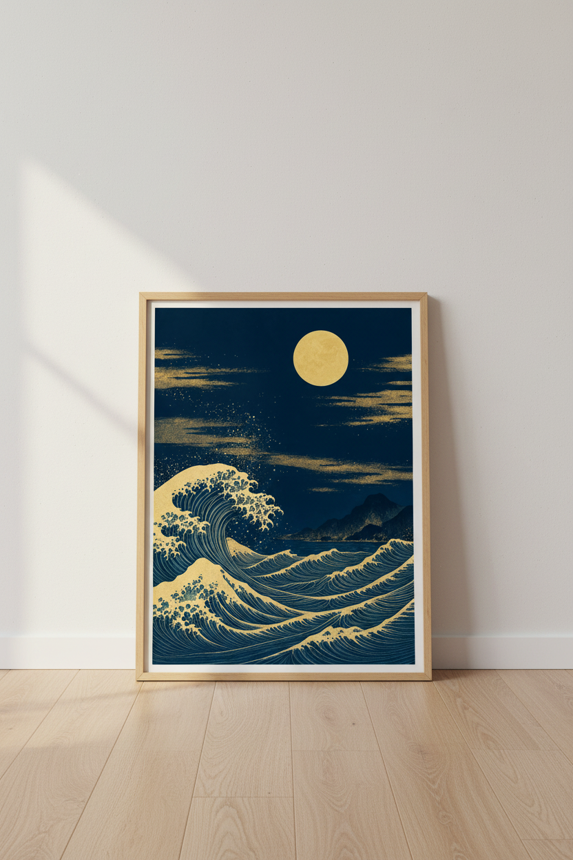 Great Wave Japanese Wall Art | Gold & Navy Blue Decor | Japandi Poster