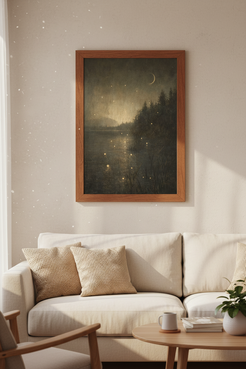 Moonlit Forest Lake Wall Art | Moody Dark Academia Decor | Ethereal Nature Poster
