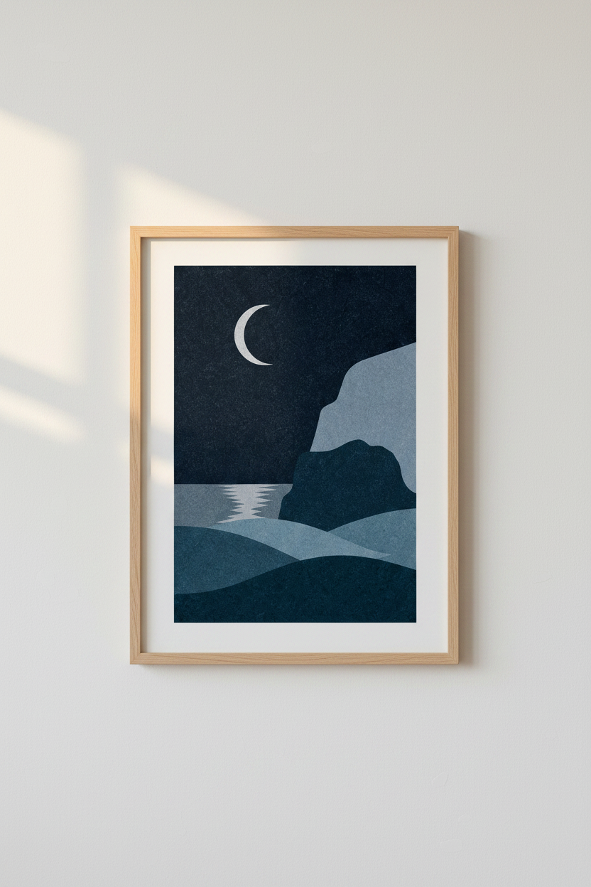 Minimalist Moon & Sea Wall Art | Navy Blue Night Landscape, Bedroom Decor Poster