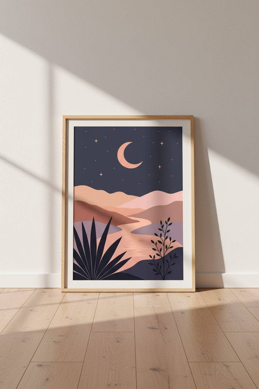 Boho Celestial Wall Art Print | Moon Landscape Poster | Minimalist Bedroom Decor