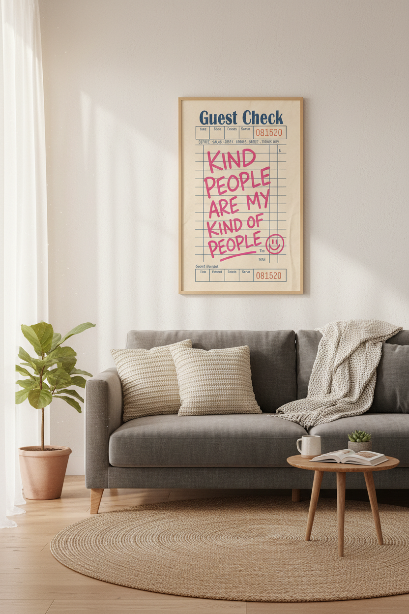 Retro Guest Check Print | Pink Kindness Quote Poster | Preppy Kitchen Wall Art