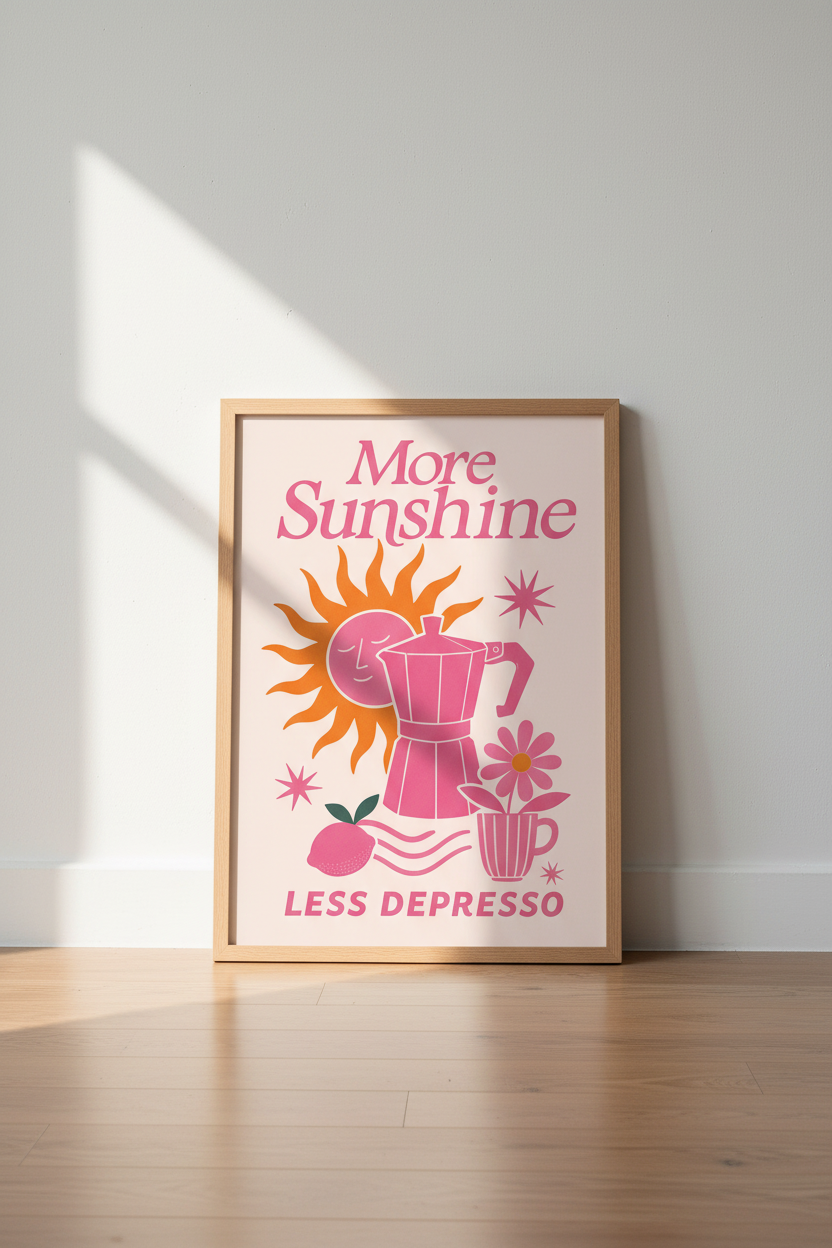 Retro Coffee Sunshine Wall Art | Pink Kitchen Decor | Dopamine Aesthetic Poster