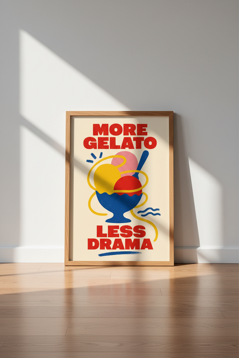 More Gelato Less Drama Wall Art | Kitchen Decor | Retro Foodie Poster