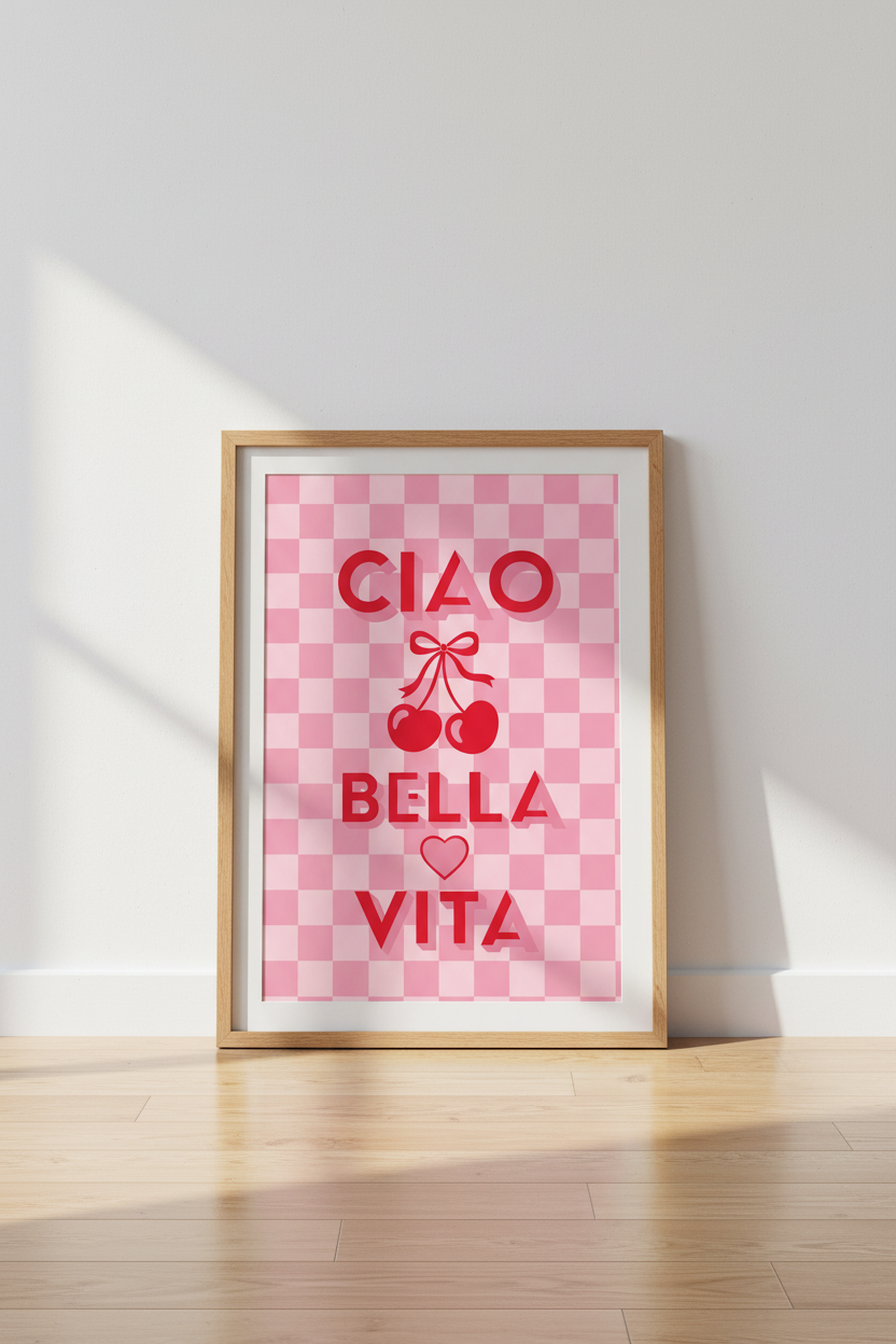 Pink Wall Art Print | Ciao Bella Vita Cherry Poster, Italian Preppy Kitchen Decor