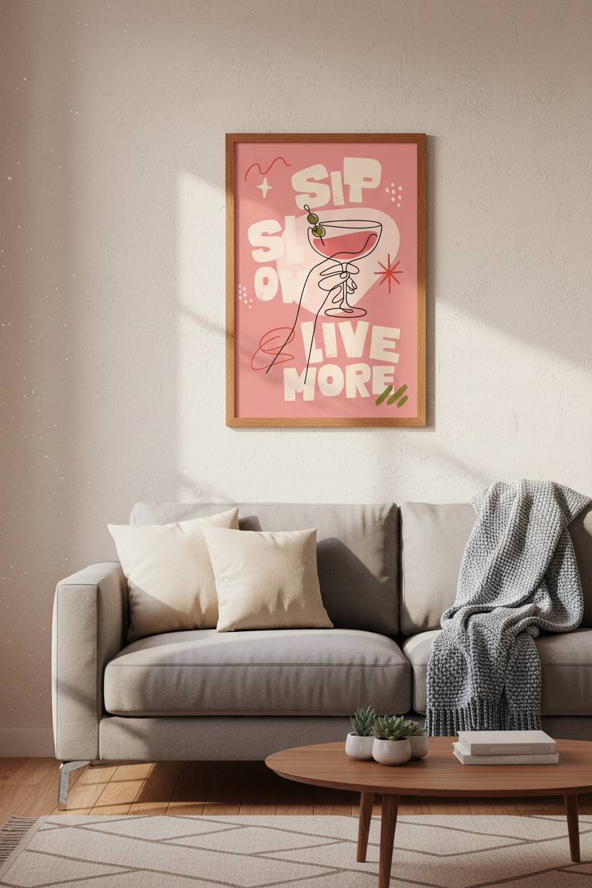 Retro Martini Cocktail Wall Art Print | Pink Bar Decor | Sip Slow Poster