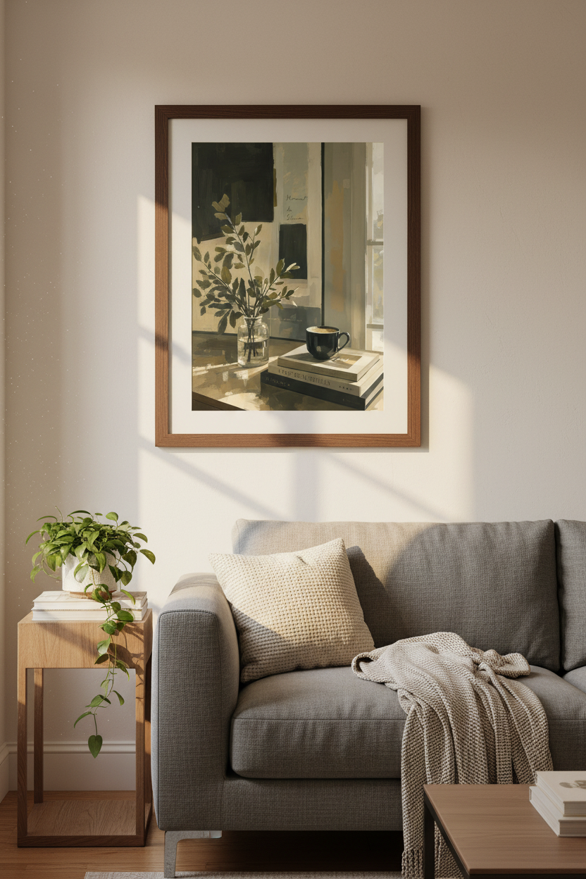 Morning Coffee & Books Still Life | Moody Neutral Impressionist Art, Home Office Decor