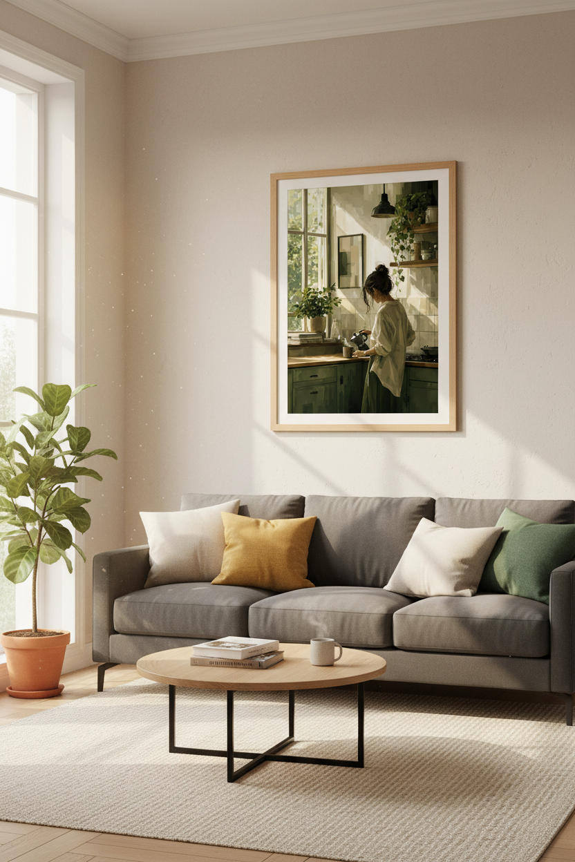 Woman Making Coffee Art Print | Sage Green Kitchen Decor | Cozy Minimalist Poster