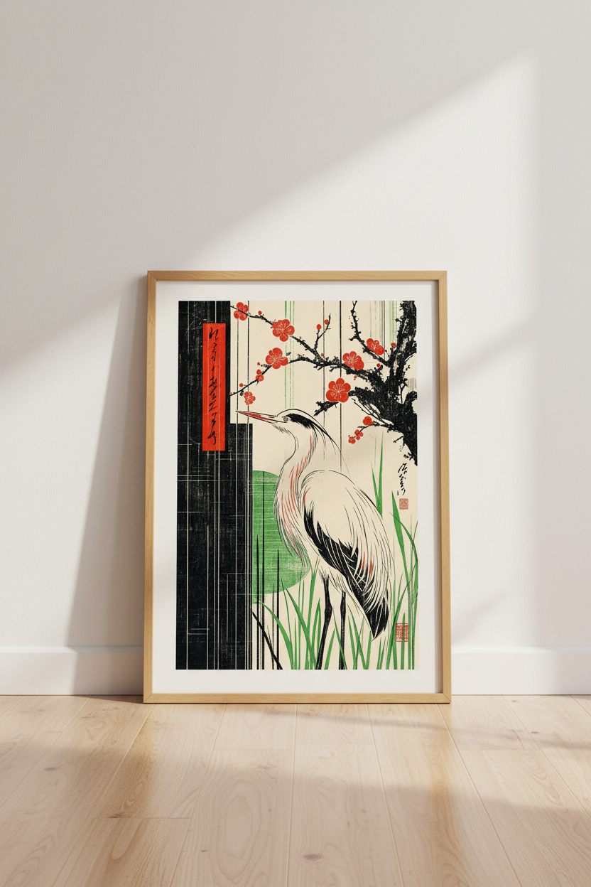 Japanese Heron & Cherry Blossoms | Woodblock Style Print, Zen Nature Decor
