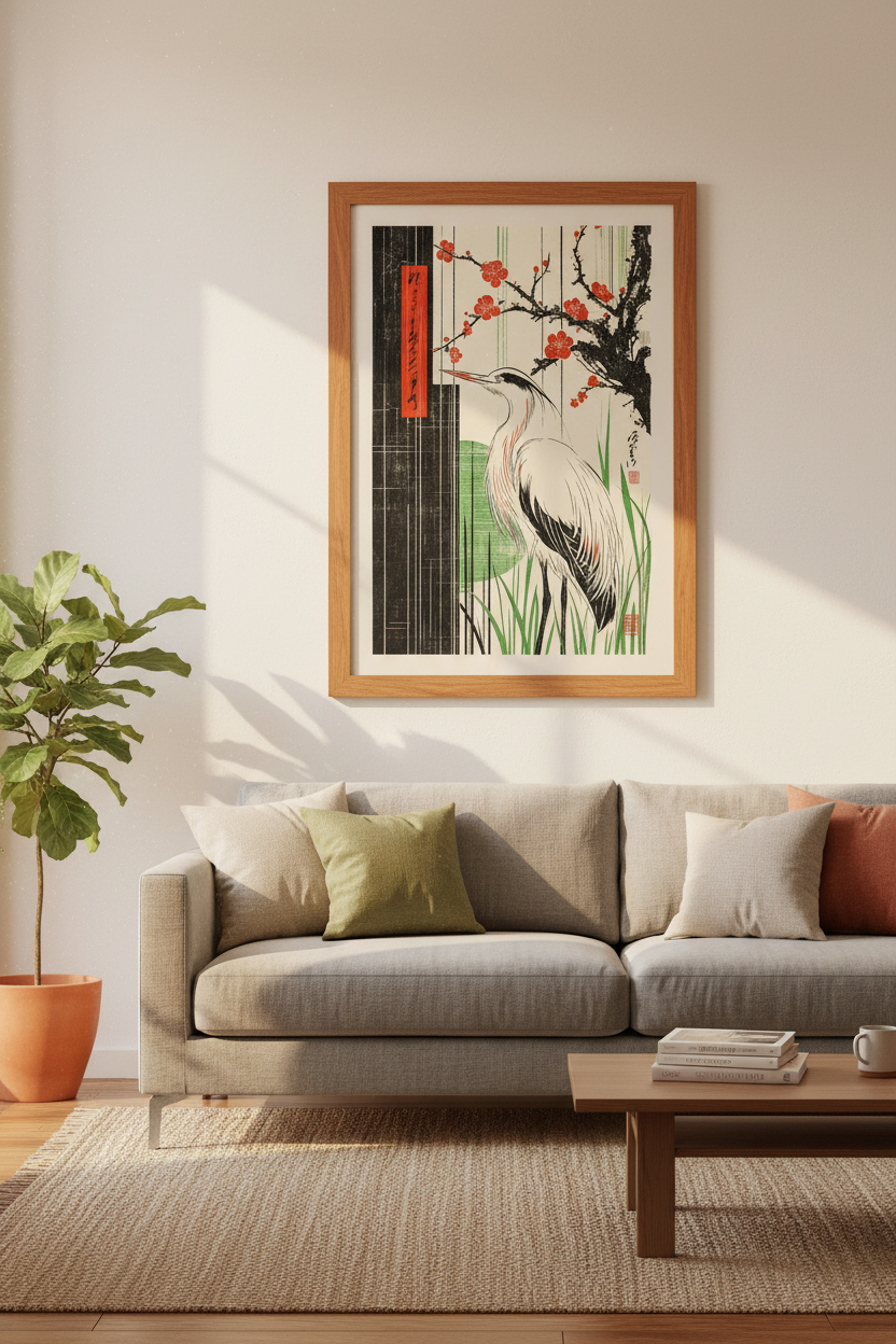 Japanese Heron & Cherry Blossoms | Woodblock Style Print, Zen Nature Decor
