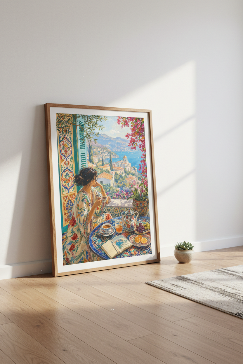 Mediterranean Coastal Balcony Print | Italian Impressionist Art, Bright Living Room Decor