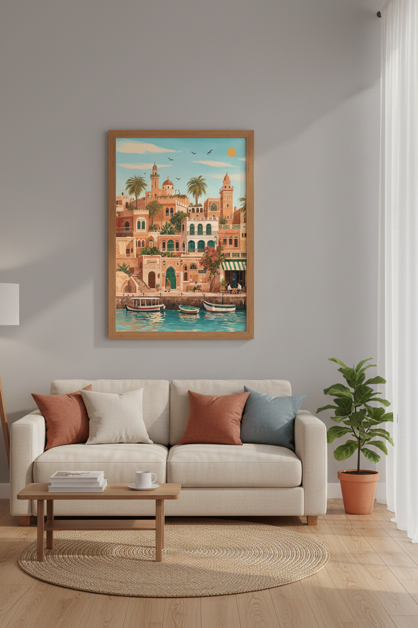 Middle East Coastal City | Warm Terracotta Architecture, Mediterranean Travel Poster
