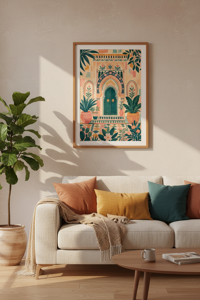 Moroccan Door Wall Art | Pink & Green Botanical Print, Boho Home Decor