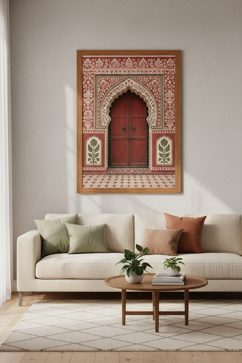 Indian Door Architecture Print | Red Terracotta Floral Wall Art, Living Room Decor