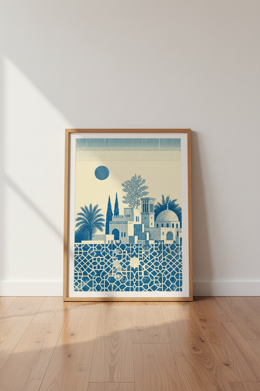 Middle East Cityscape Wall Art | Blue Mediterranean Decor, Boho Architecture Poster