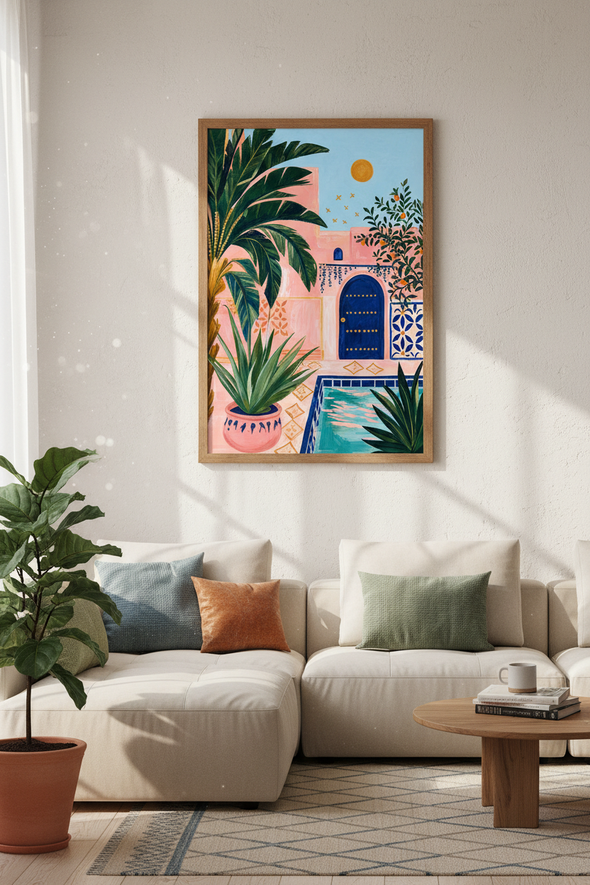 Moroccan Courtyard Wall Art | Pink House & Pool Poster, Mediterranean Decor