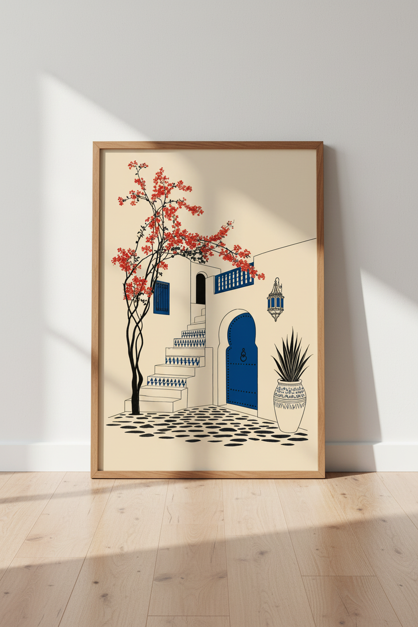 Mediterranean Courtyard | Blue Door & Red Flowers, Moroccan Interior Wall Art