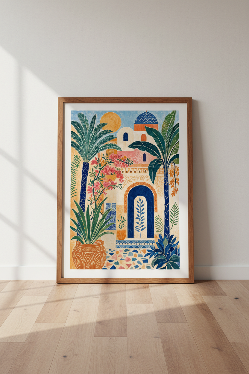 Moroccan Courtyard Art | Mediterranean Boho Blue & Gold Poster | Living Room Decor