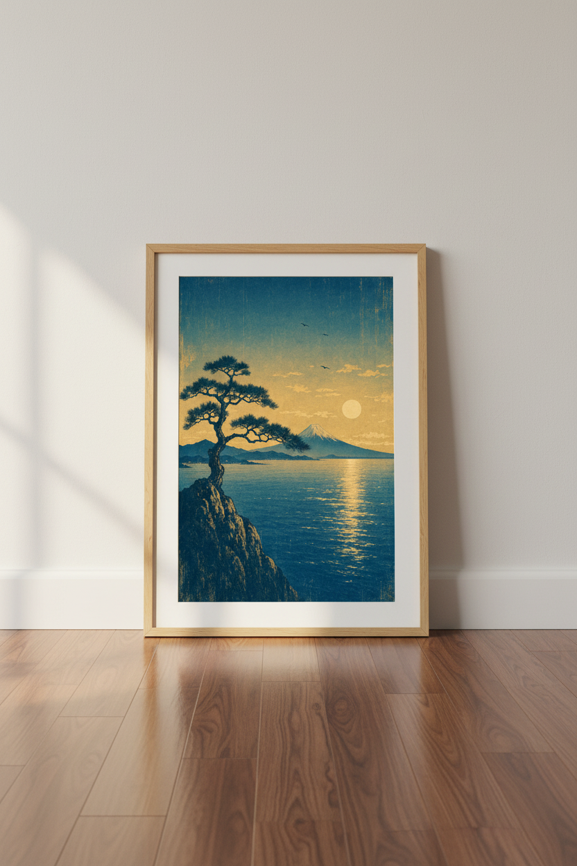 Japanese Landscape Bonsai Tree Wall Art | Mount Fuji Sunset Poster | Zen Decor